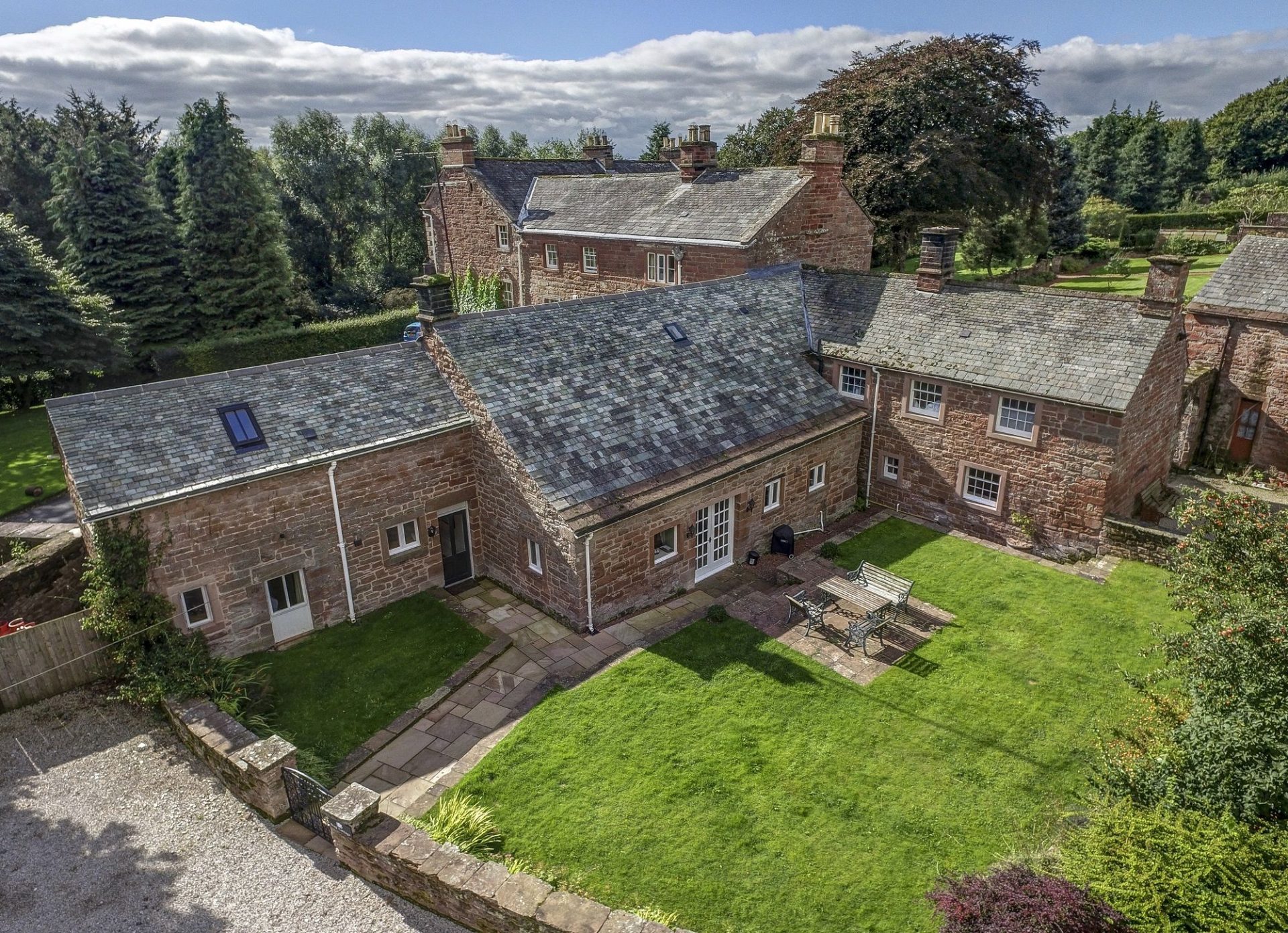 Stag Cottage aerial view of private rear garden luxury holiday let cottage near Lake District at The Rowley Estates