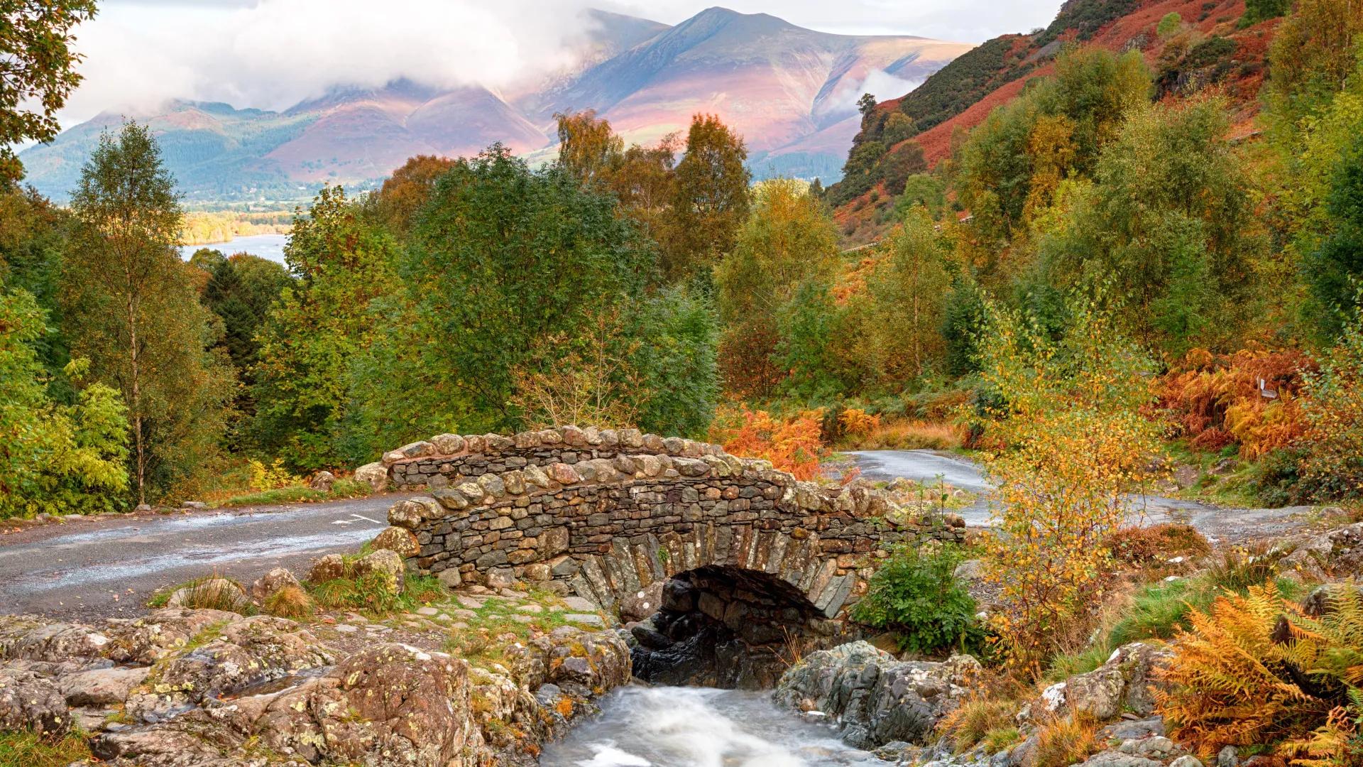 Autumn colour at Ashness Bridge above Derwentwater near Keswick in the Lake District