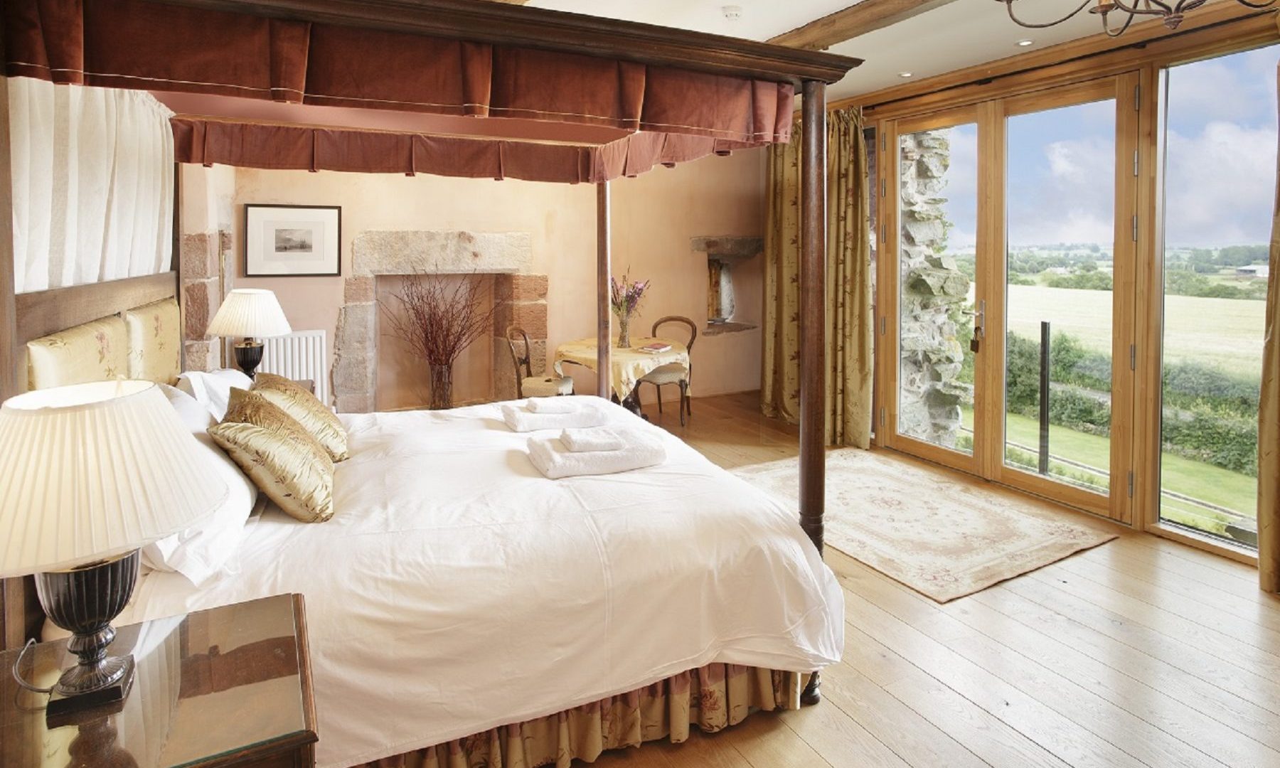 blencowe-hall-south-tower-master-bedroom-amazing-rural-view-four-poster-bed-balcony-lake-district