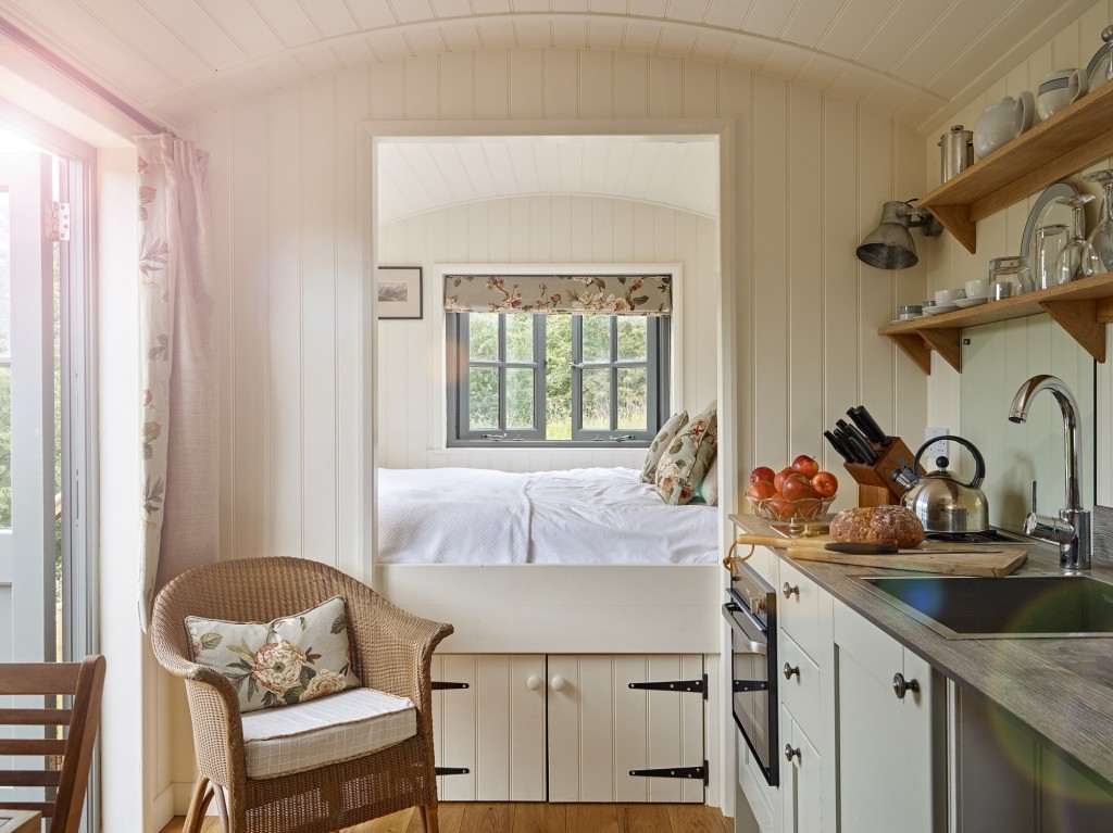 Hawthorn Retreat glamping shepherds hut near Lake District National Park at The Rowley Estates ensuite with five foot king size bed