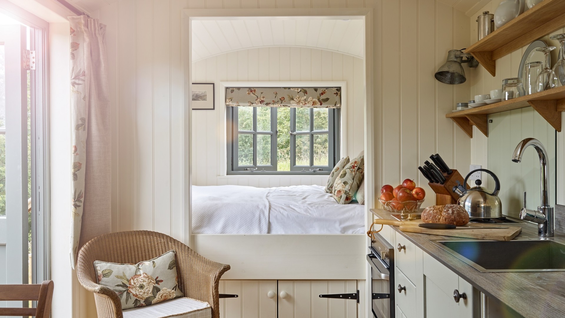 Hawthorn Retreat glamping shepherds hut near Lake District National Park at The Rowley Estates ensuite with five foot king size bed