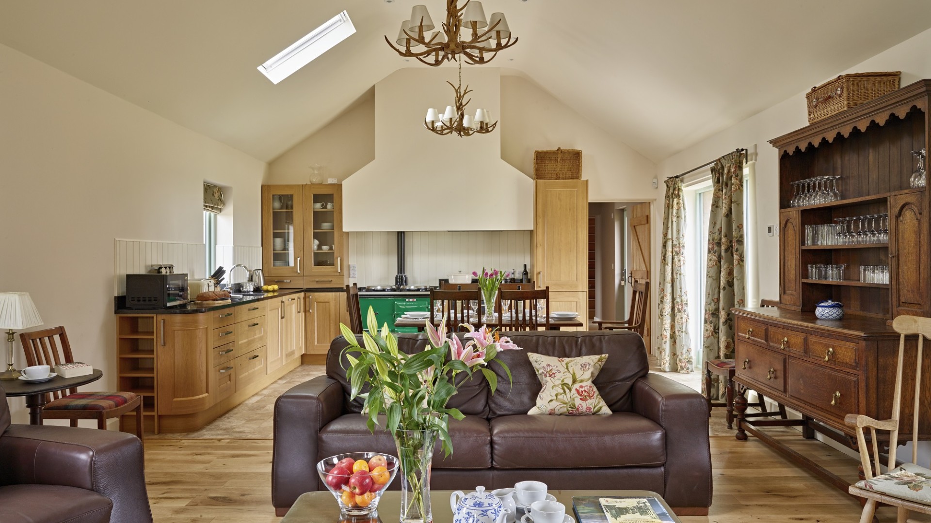 Gill Beck barn view of open plan kitchen luxury holiday cottage at The Rowley Estates
